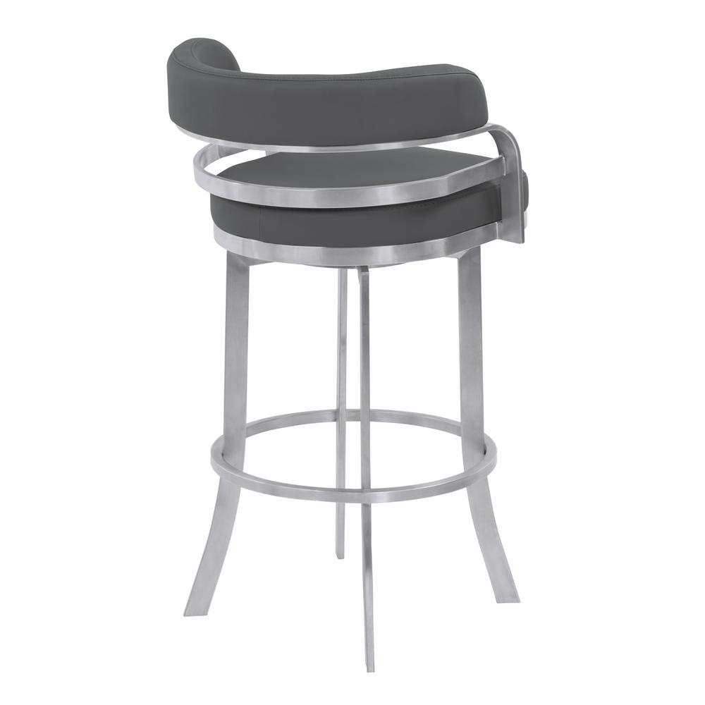 Armen Living Prinz 30" Bar Height Metal Swivel Barstool in Gray Faux Leather with Brushed Stainless Steel Finish. Picture 3