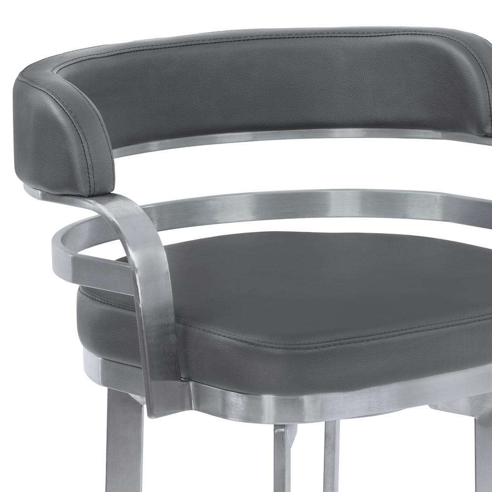 Armen Living Prinz 30" Bar Height Metal Swivel Barstool in Gray Faux Leather with Brushed Stainless Steel Finish. Picture 4