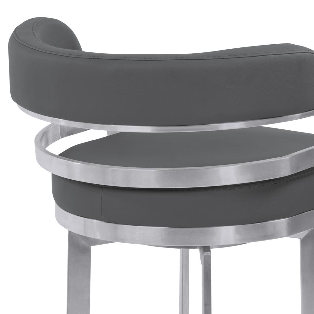 Armen Living Prinz 30" Bar Height Metal Swivel Barstool in Gray Faux Leather with Brushed Stainless Steel Finish. Picture 5