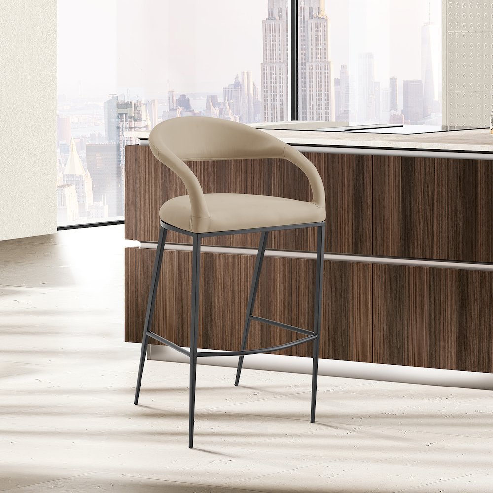 Ramona 30" Bar Stool with Matte Black Iron and Beige Faux Leather. Picture 10