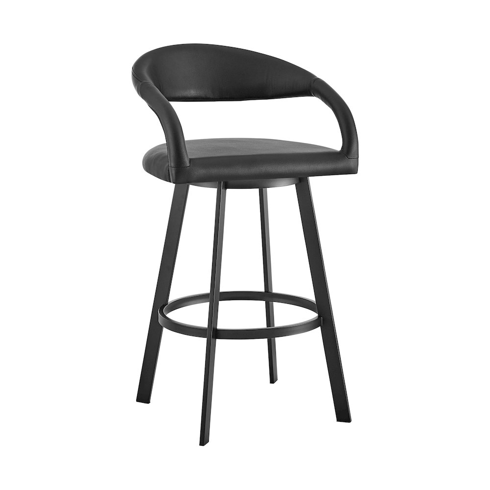 Ramona 26" Swivel Counter Stool with Matte Black Iron and Black Faux Leather. Picture 1