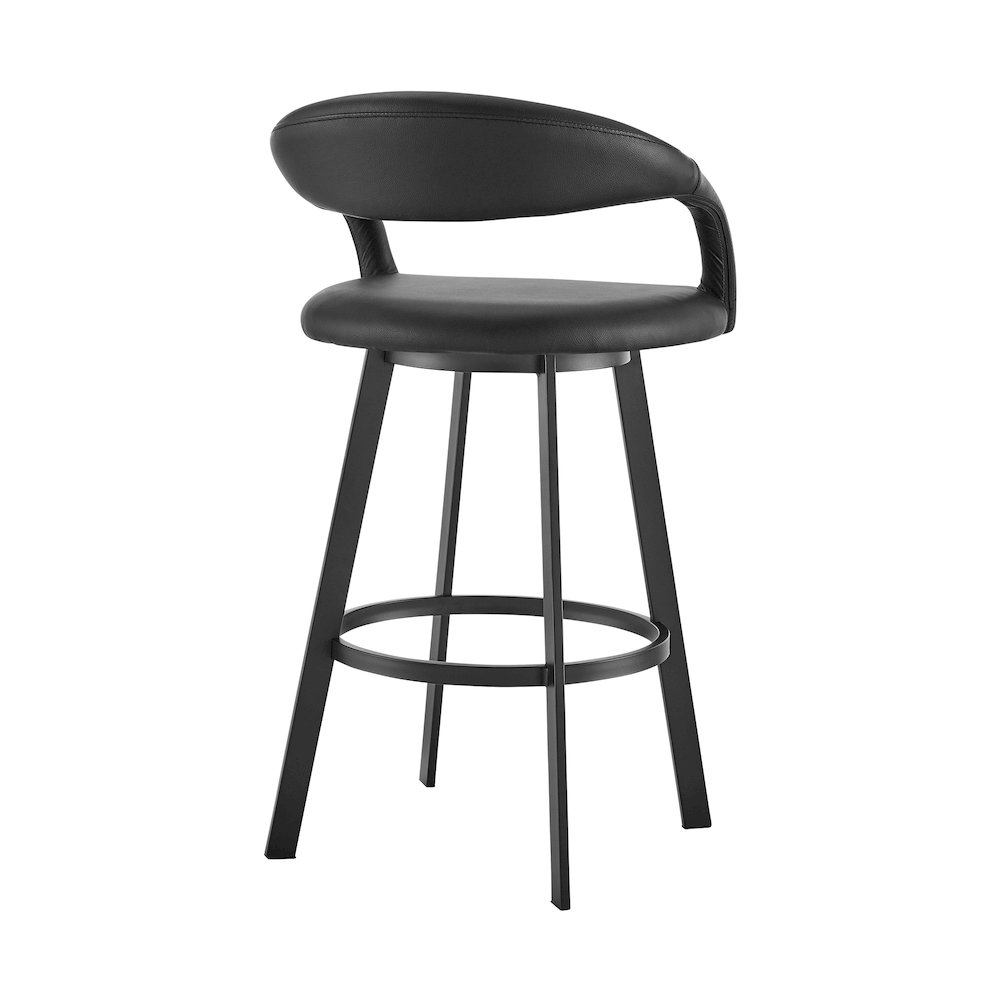 Ramona 26" Swivel Counter Stool with Matte Black Iron and Black Faux Leather. Picture 3