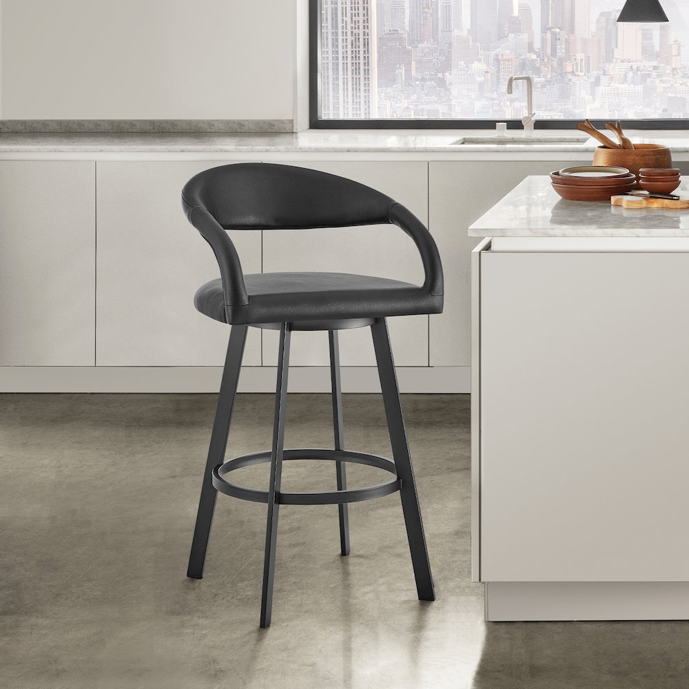 Ramona 26" Swivel Counter Stool with Matte Black Iron and Black Faux Leather. Picture 10