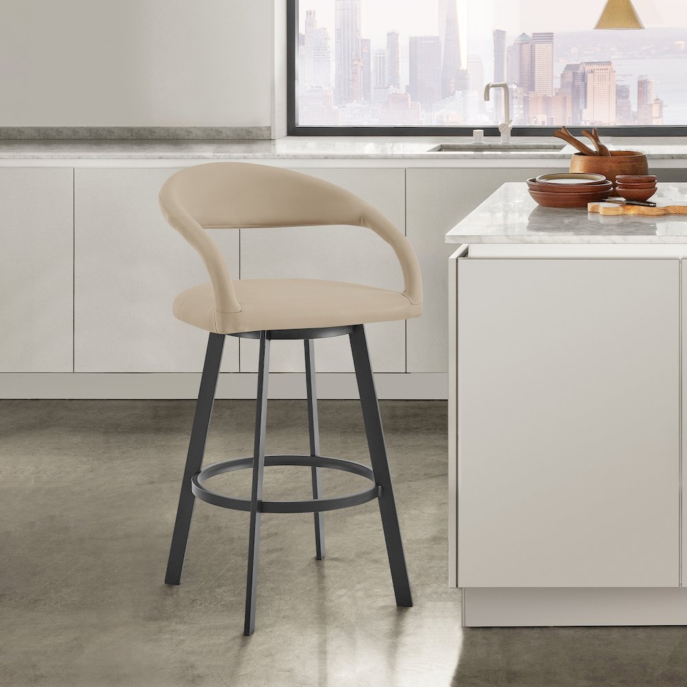 Ramona 26" Swivel Counter Stool with Matte Black Iron and Beige Faux Leather. Picture 10
