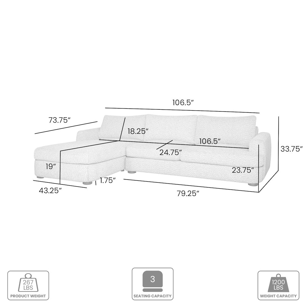 123 in. Left Arm Facing Rectangular Sectional Sofa, Round Arms, Speckled Stone. Picture 7
