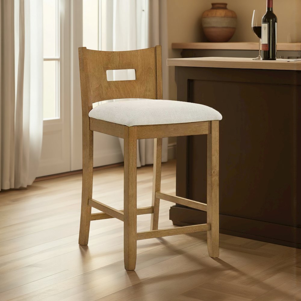 Ren 30 in. Amber Glow Bar Height Rubberwood Barstool with Ivory Fabric Seat. Picture 9