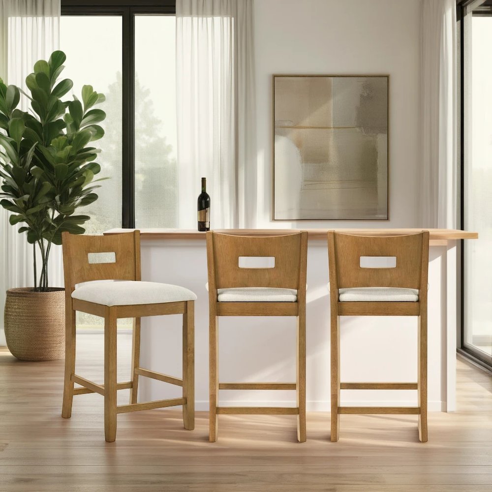 Ren 30 in. Amber Glow Bar Height Rubberwood Barstool with Ivory Fabric Seat. Picture 10