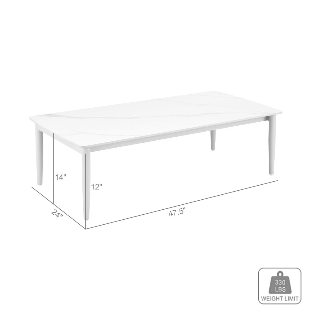 Rhodes Outdoor Patio Rectangular Coffee Table in Snowy Sintered Stone. Picture 6