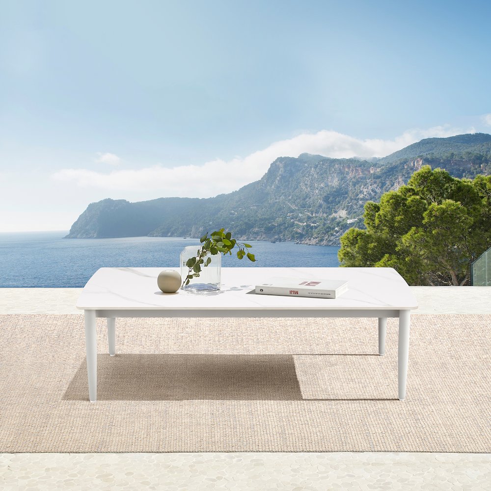 Rhodes Outdoor Patio Rectangular Coffee Table in Snowy Sintered Stone. Picture 7