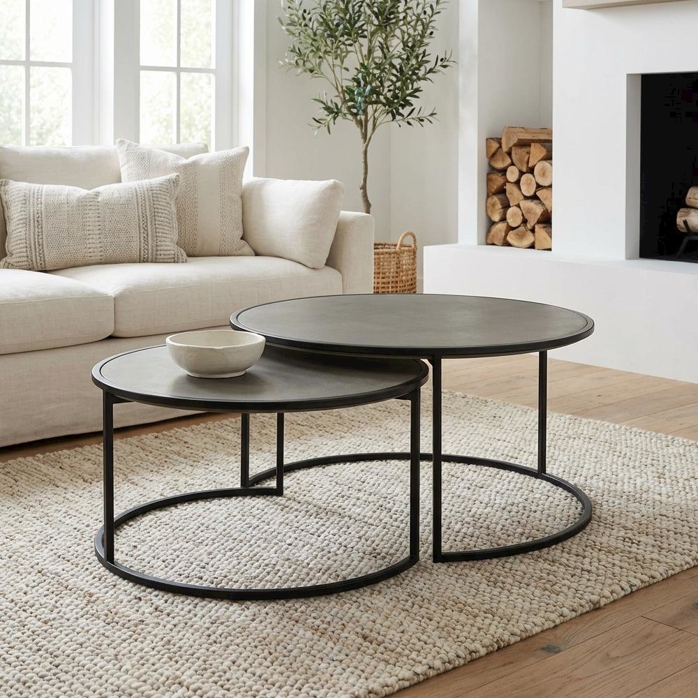 Concrete and Black Metal 2-Piece Nesting Coffee Table Set with Modern Design. Picture 3