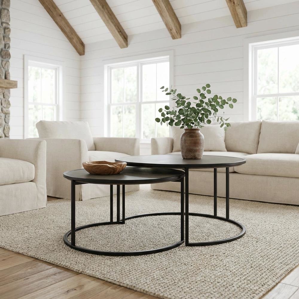 Concrete and Black Metal 2-Piece Nesting Coffee Table Set with Modern Design. Picture 2