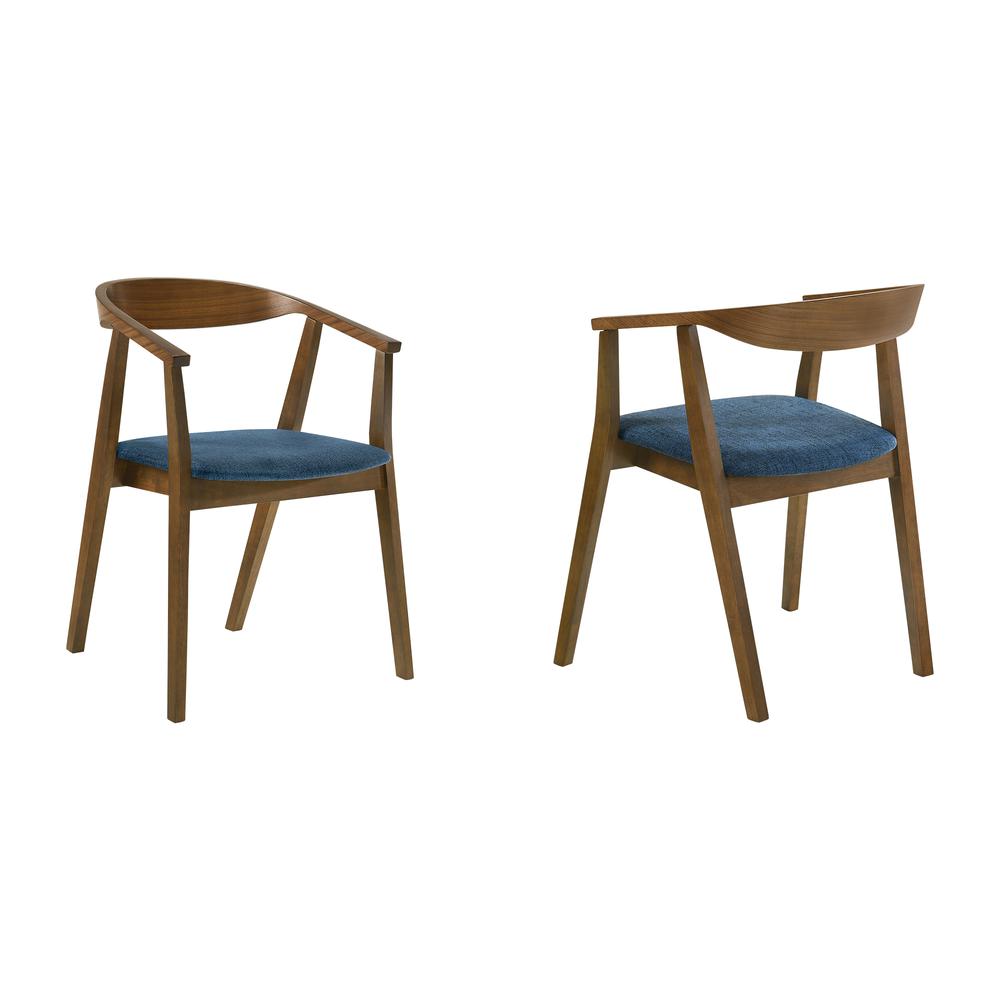Santana Wood Dining Chair in Walnut Finish with Blue Fabric - Set of 2. Picture 1