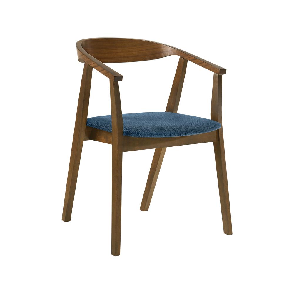 Santana Wood Dining Chair in Walnut Finish with Blue Fabric - Set of 2. Picture 2