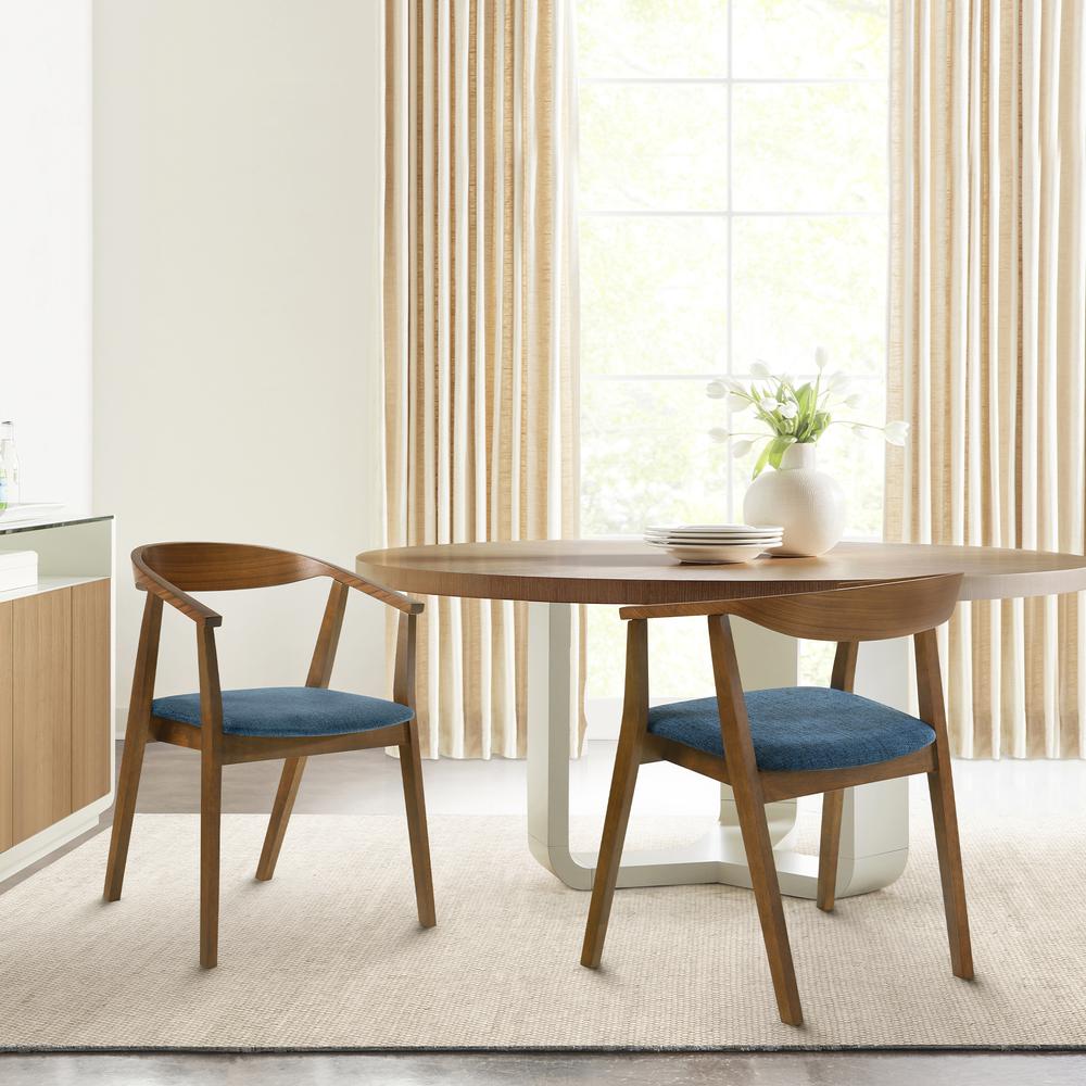 Santana Wood Dining Chair in Walnut Finish with Blue Fabric - Set of 2. Picture 8