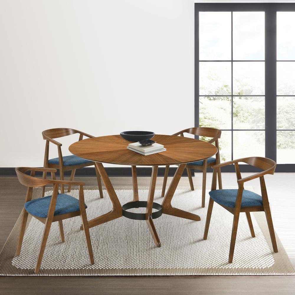 Santana Wood Dining Chair in Walnut Finish with Blue Fabric - Set of 2. Picture 9
