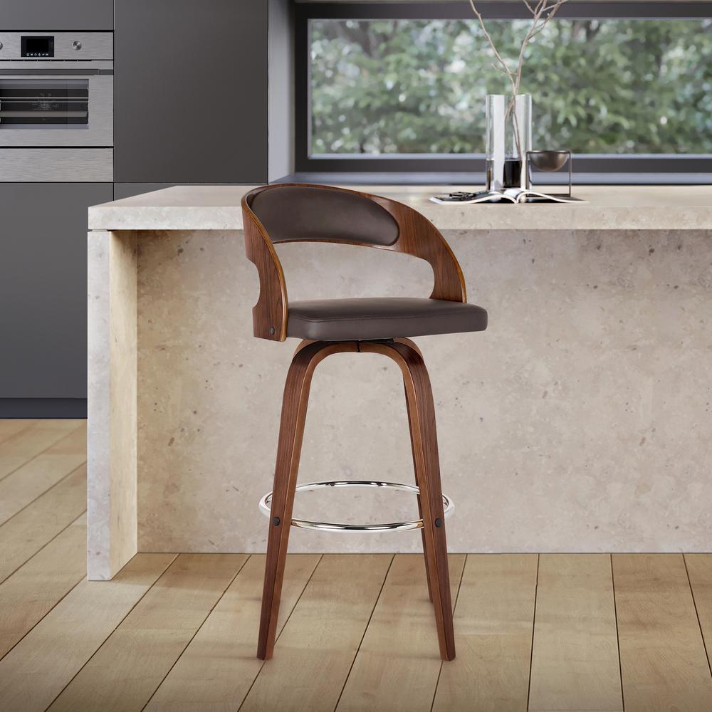 Armen Living Shelly 30" Bar Height Barstool in Walnut Wood Finish with Brown PU. Picture 1