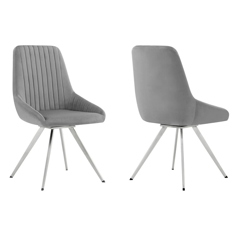 Skye Swivel Gray Velvet and Brushed Stainless Steel Dining Room Chairs - Set of 2. Picture 1