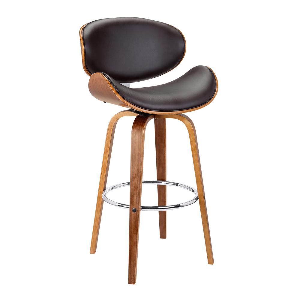 Armen Living Solvang 26" Mid-Century Swivel Counter Height Barstool in Brown Faux Leather with Walnut Wood. Picture 1