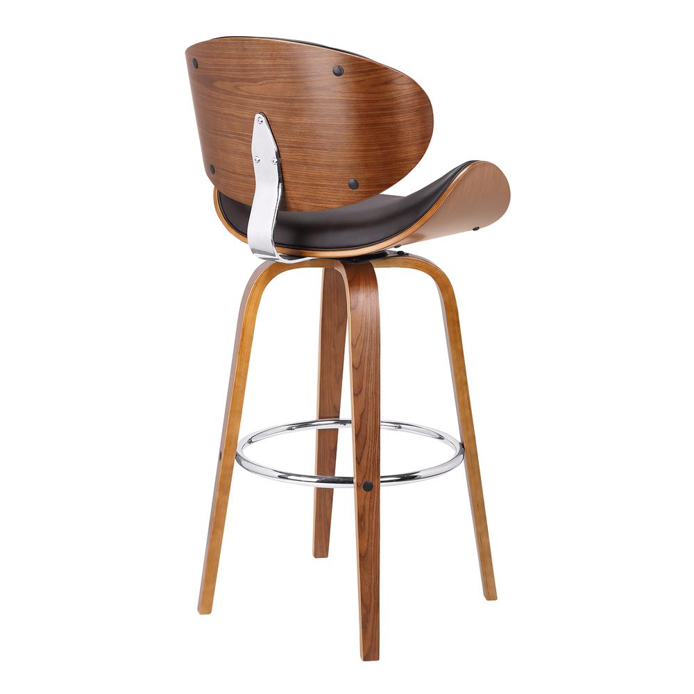 Armen Living Solvang 26" Mid-Century Swivel Counter Height Barstool in Brown Faux Leather with Walnut Wood. Picture 3