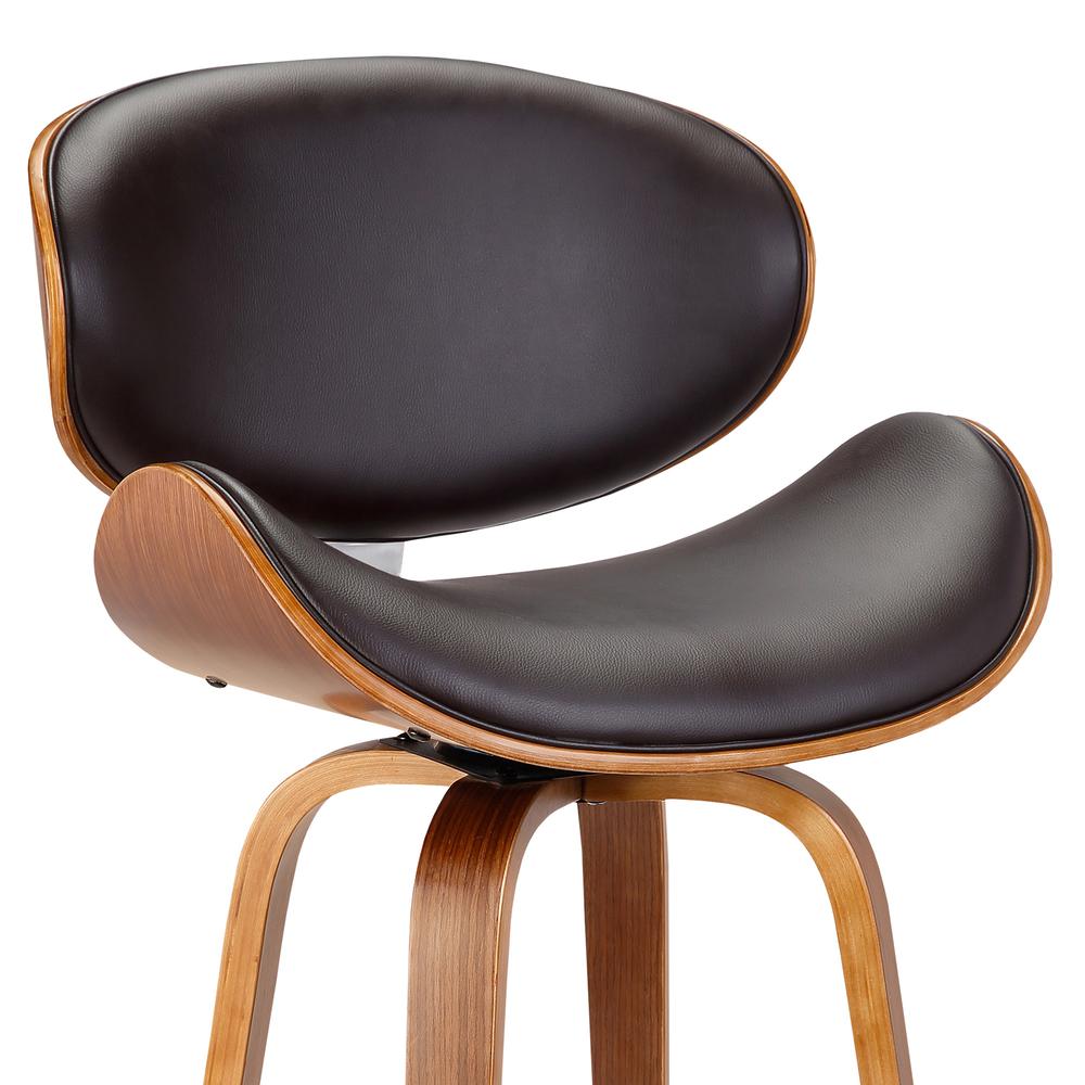 Armen Living Solvang 26" Mid-Century Swivel Counter Height Barstool in Brown Faux Leather with Walnut Wood. Picture 4