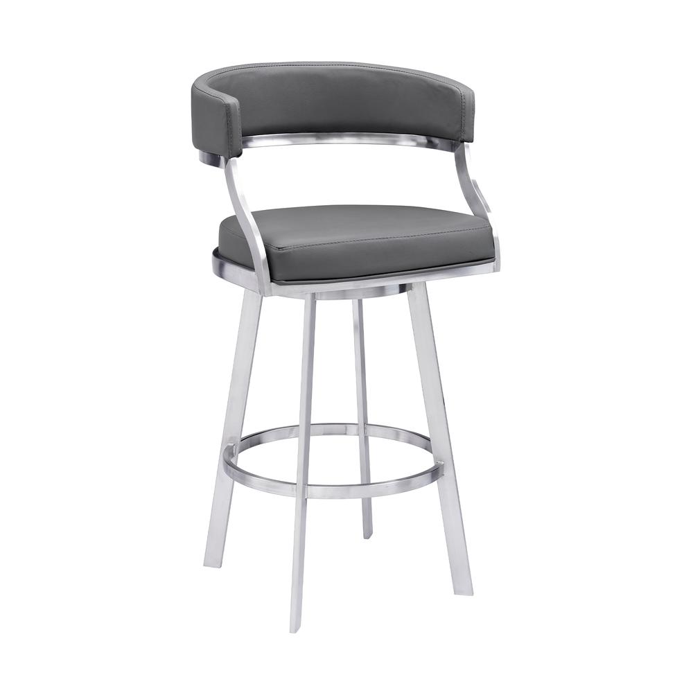 Saturn Contemporary 30" Bar Height Barstool in Brushed Stainless Steel Finish and Grey Faux Leather. Picture 1