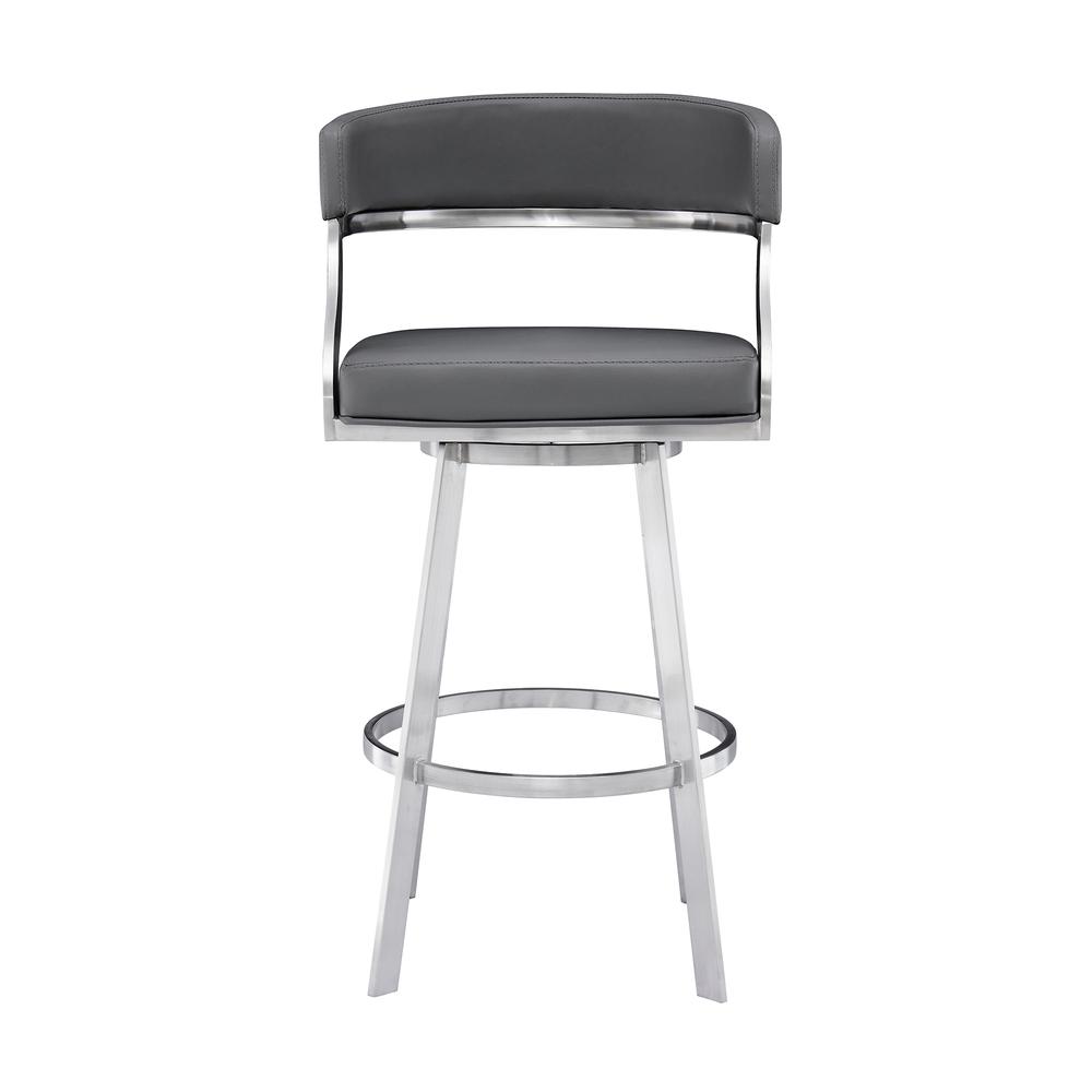 Saturn Contemporary 30" Bar Height Barstool in Brushed Stainless Steel Finish and Grey Faux Leather. Picture 2