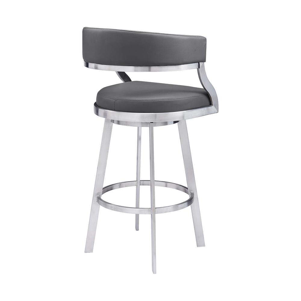 Saturn Contemporary 30" Bar Height Barstool in Brushed Stainless Steel Finish and Grey Faux Leather. Picture 3