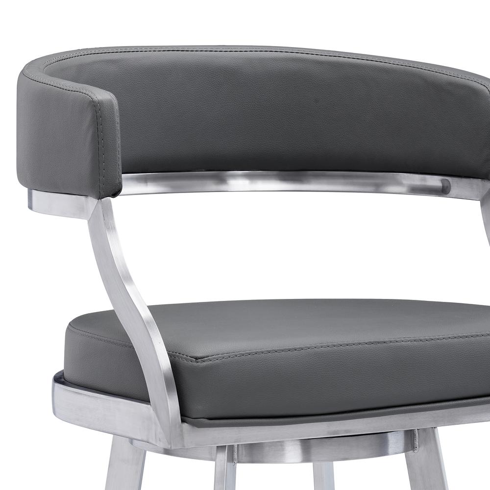 Saturn Contemporary 30" Bar Height Barstool in Brushed Stainless Steel Finish and Grey Faux Leather. Picture 4