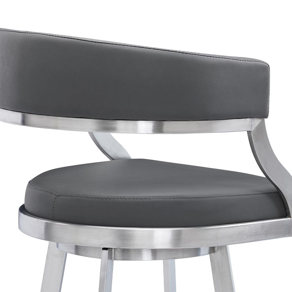 Saturn Contemporary 30" Bar Height Barstool in Brushed Stainless Steel Finish and Grey Faux Leather. Picture 5