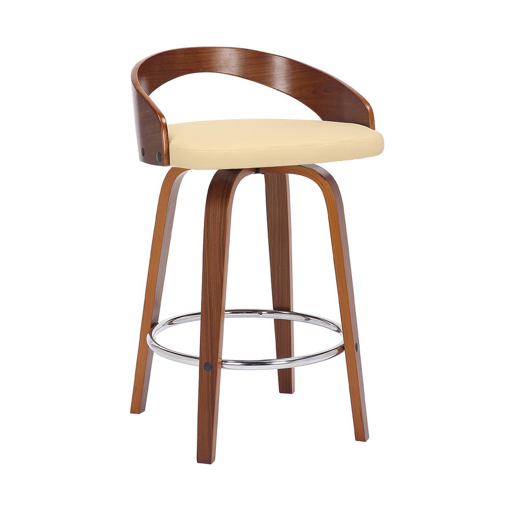 Sonia 26" Counter Height Swivel Cream Faux Leather and Walnut Wood Bar Stool. Picture 1