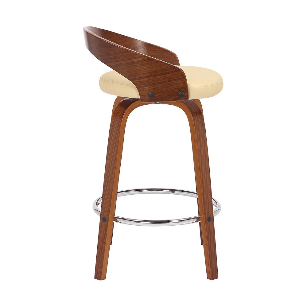 Sonia 26" Counter Height Swivel Cream Faux Leather and Walnut Wood Bar Stool. Picture 3