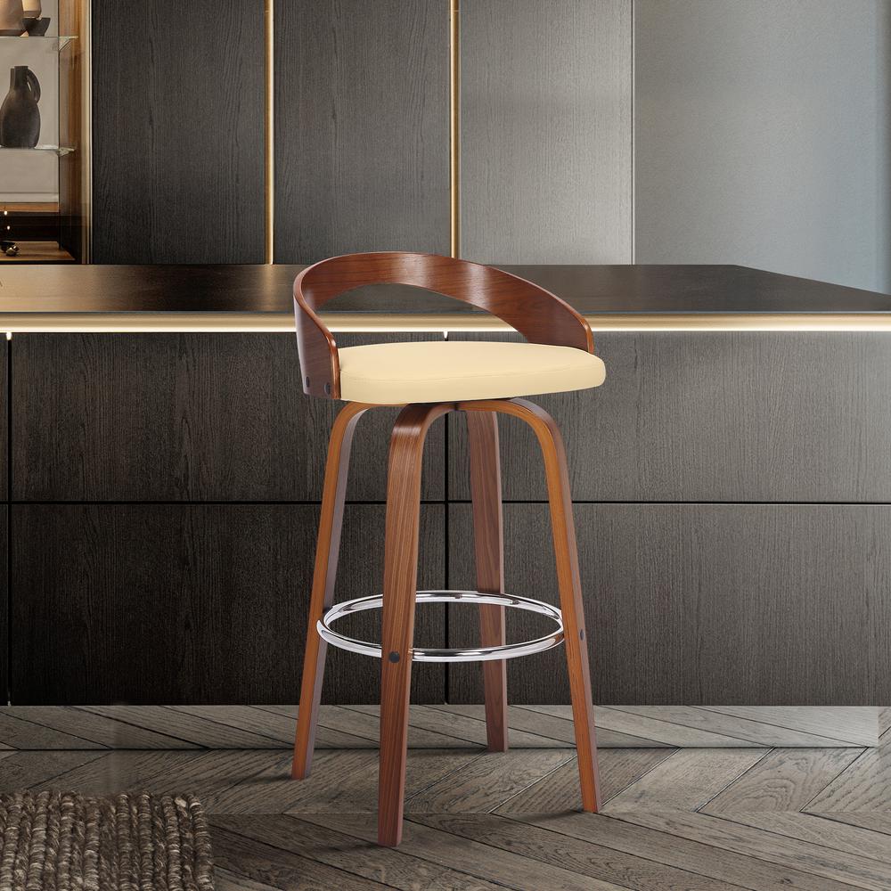 Sonia 26" Counter Height Swivel Cream Faux Leather and Walnut Wood Bar Stool. Picture 10