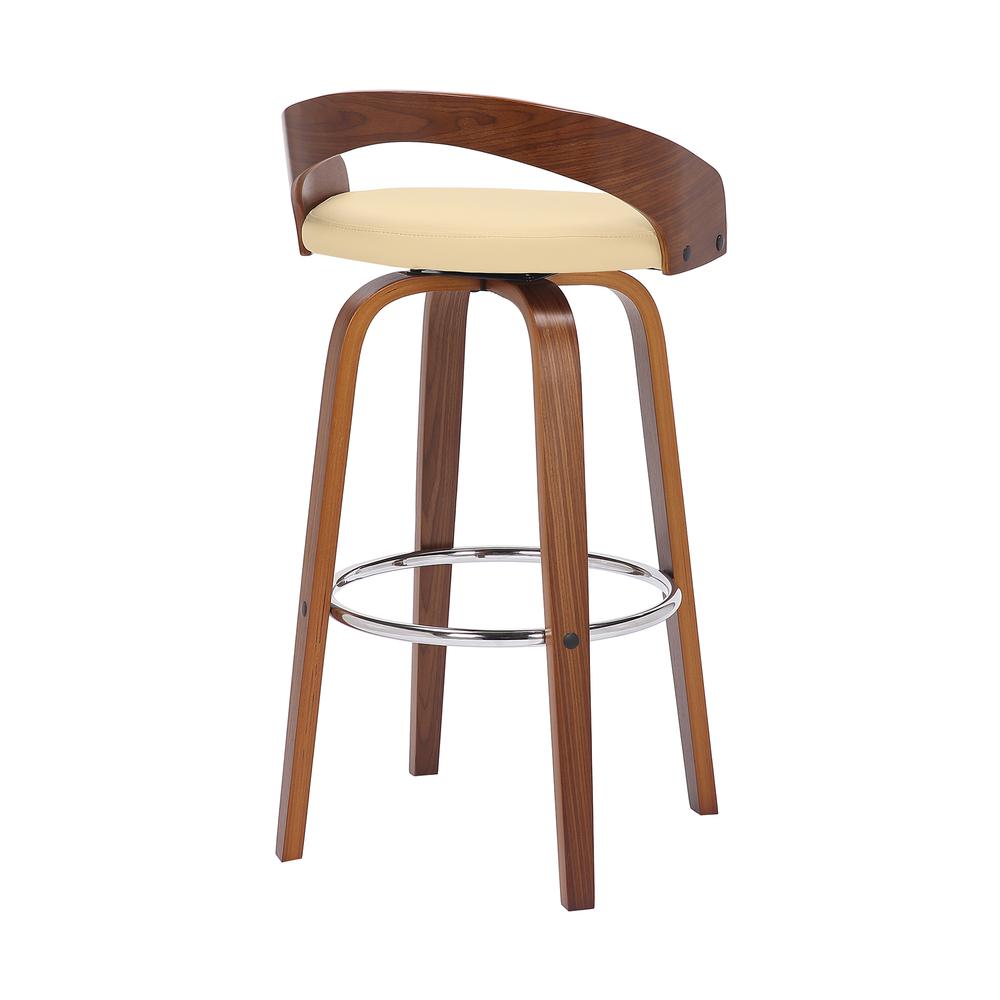 Sonia 30" Bar Height Swivel Cream Faux Leather and Walnut Wood Bar Stool. Picture 4