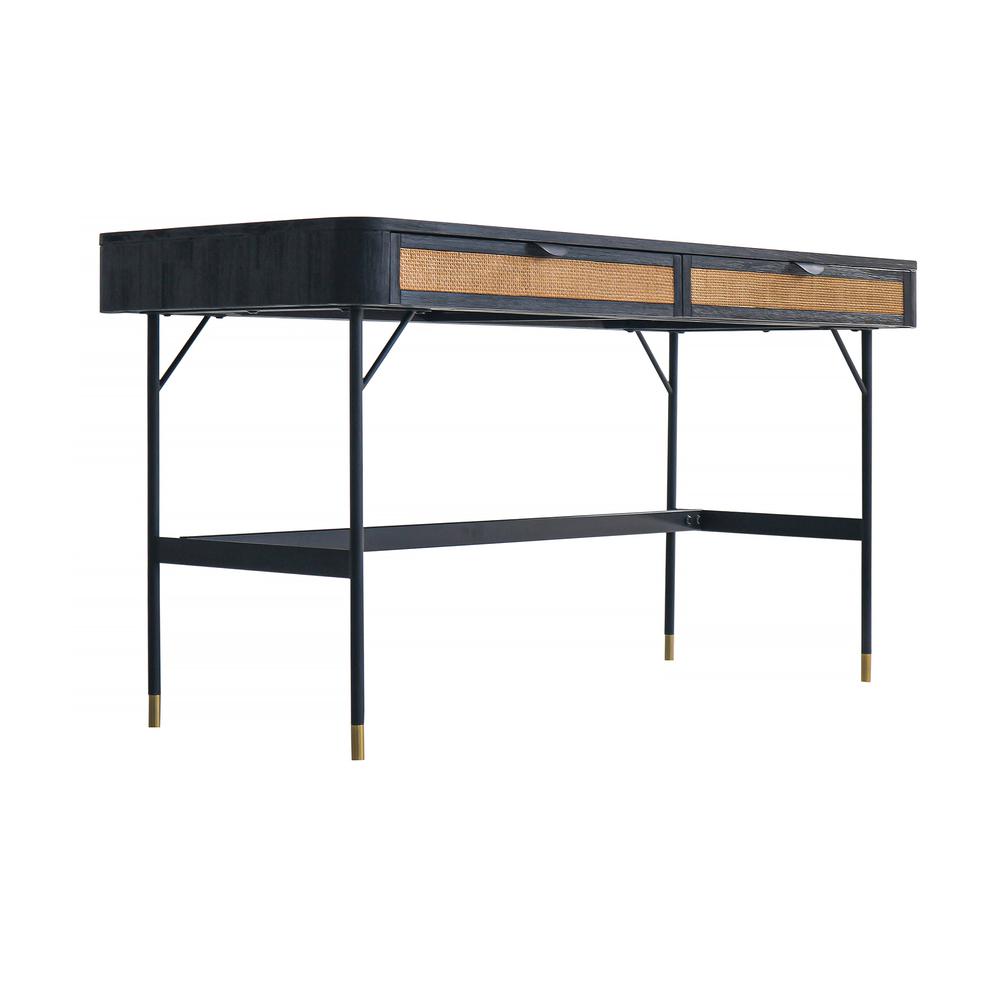 Saratoga 2 Drawer Desk in Black Acacia with Rattan. Picture 1