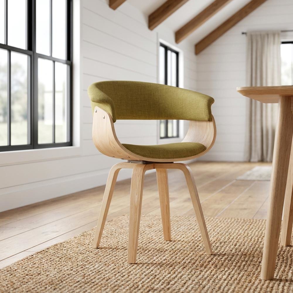 Polyester Upholstered Mid-Century Dining Chair, Barrel Back with Arms, Oak. Picture 2