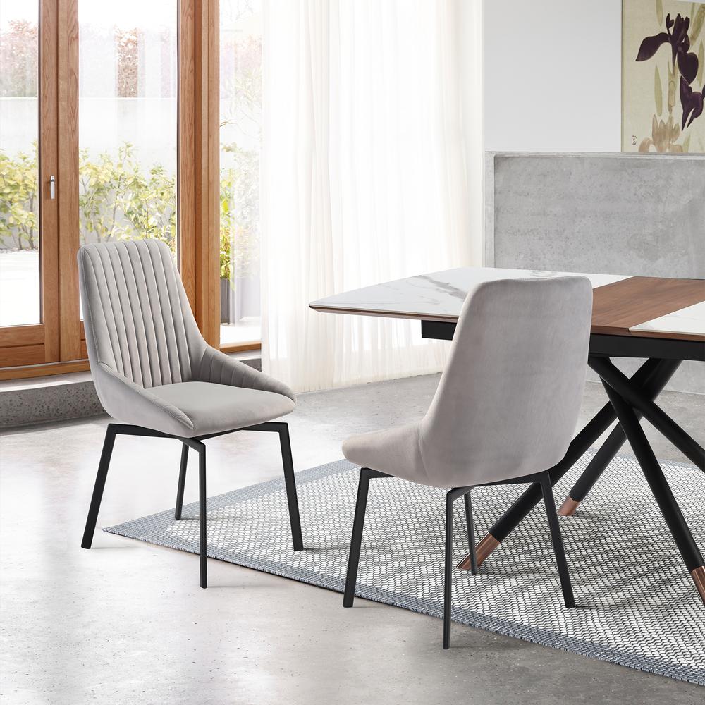 Swivel Upholstered Dining Chair in Gray Fabric with Black Metal Legs - Set of 2. Picture 10
