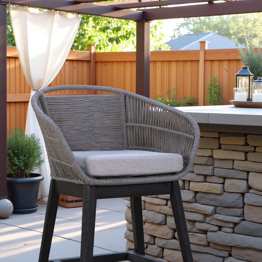 Bar Stools – Wooden Barstools with Grey Rope Seat and Black Wood Frame. Picture 3