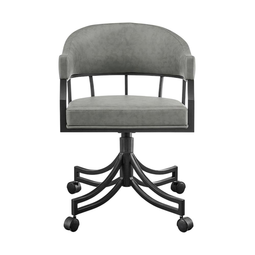 Faux Leather Upholstered Swivel Rolling Dining Chair with Arms, Vintage Gray. Picture 1