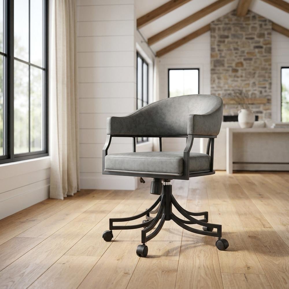 Faux Leather Upholstered Swivel Rolling Dining Chair with Arms, Vintage Gray. Picture 2