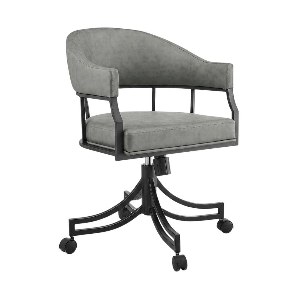 Faux Leather Upholstered Swivel Rolling Dining Chair with Arms, Vintage Gray. Picture 4