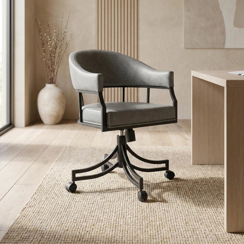 Faux Leather Upholstered Swivel Rolling Dining Chair with Arms, Vintage Gray. Picture 3