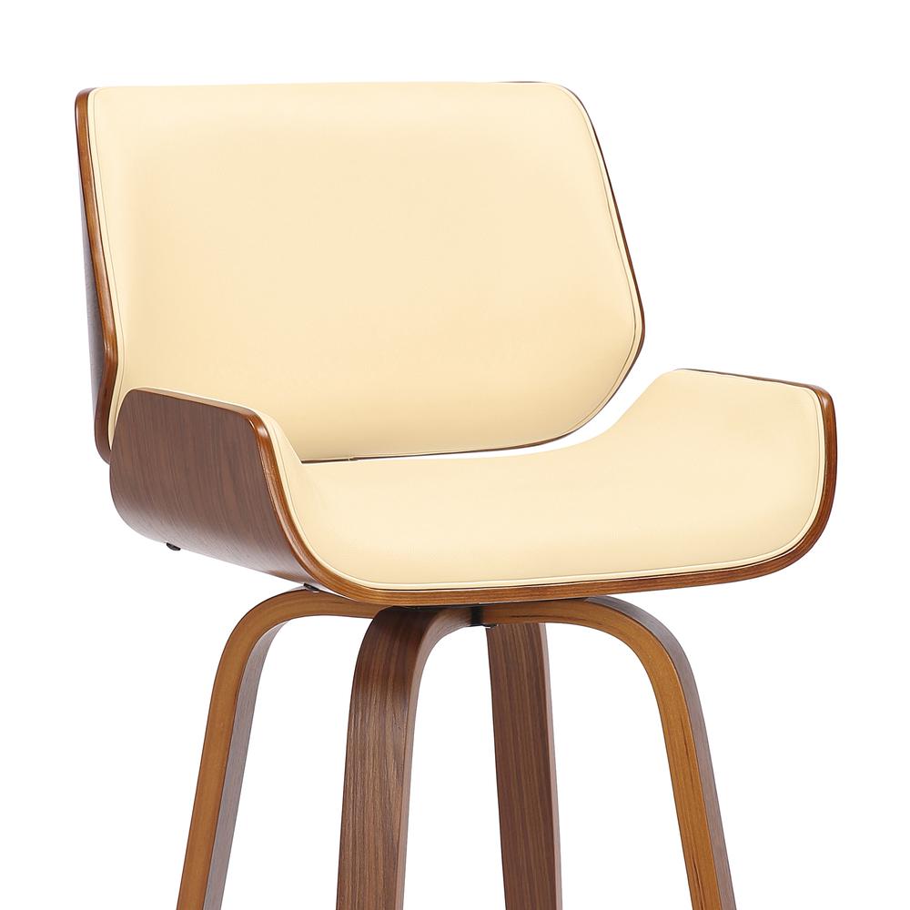 Tyler 30" Bar Height Swivel Cream Faux Leather and Walnut Wood Bar Stool. Picture 6