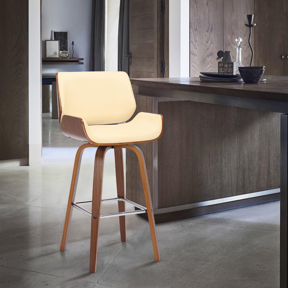 Tyler 30" Bar Height Swivel Cream Faux Leather and Walnut Wood Bar Stool. Picture 10