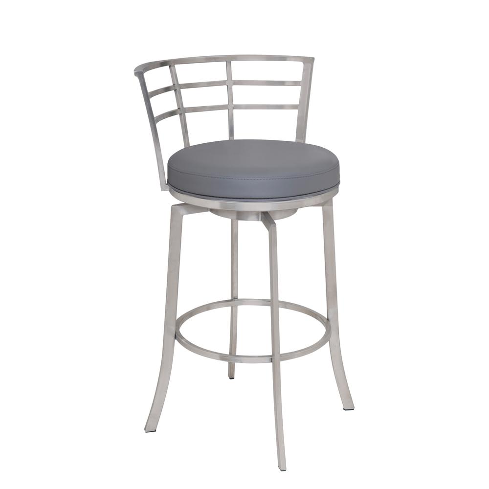 30" Bar Height Swivel Barstool in Brushed Stainless Steel finish with Grey Faux Leather. Picture 1