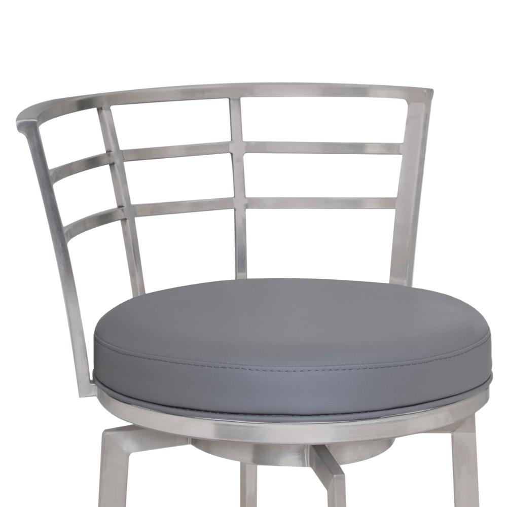 30" Bar Height Swivel Barstool in Brushed Stainless Steel finish with Grey Faux Leather. Picture 2