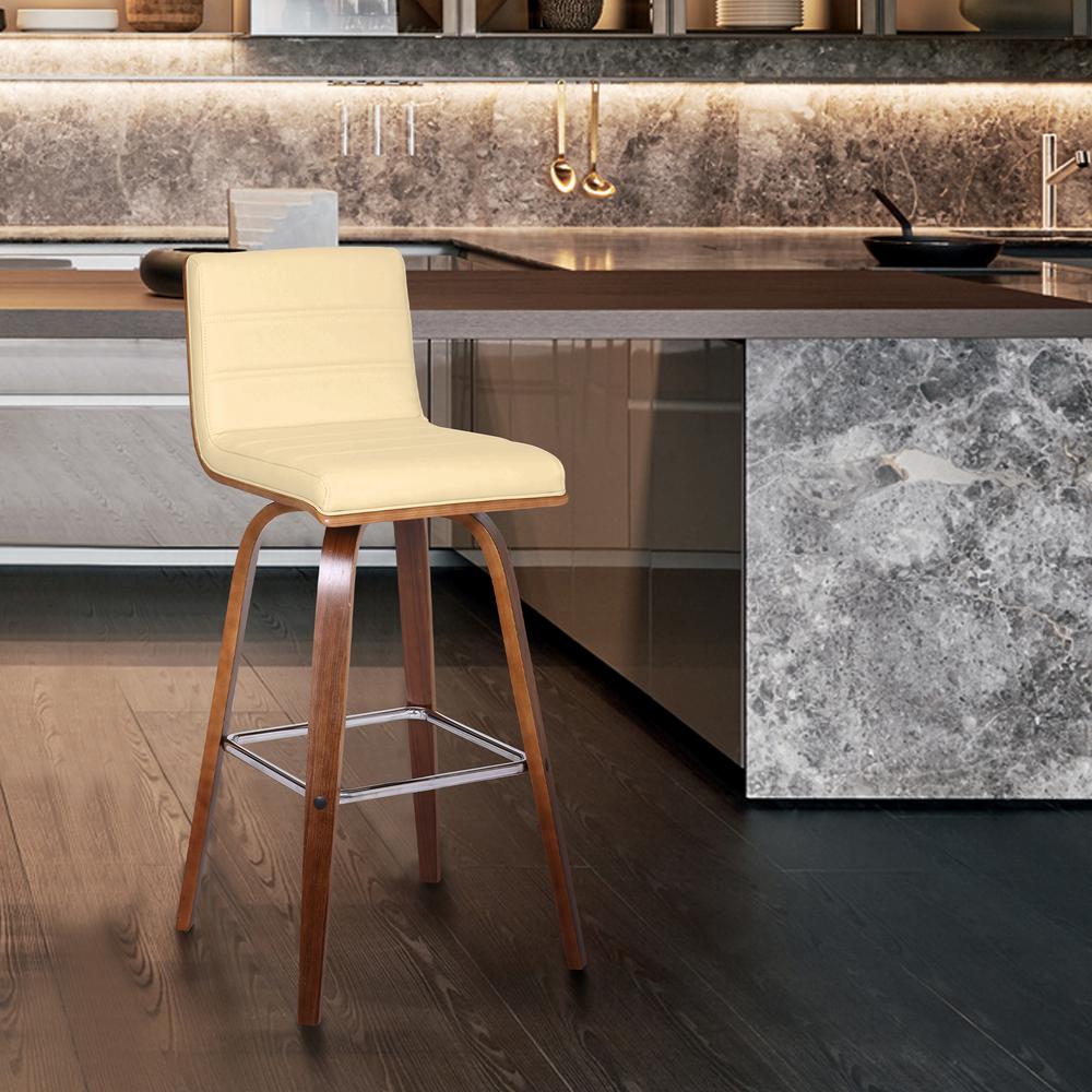 Vienna 30" Bar Height Barstool in Walnut Wood Finish with Cream Faux Leather. Picture 6