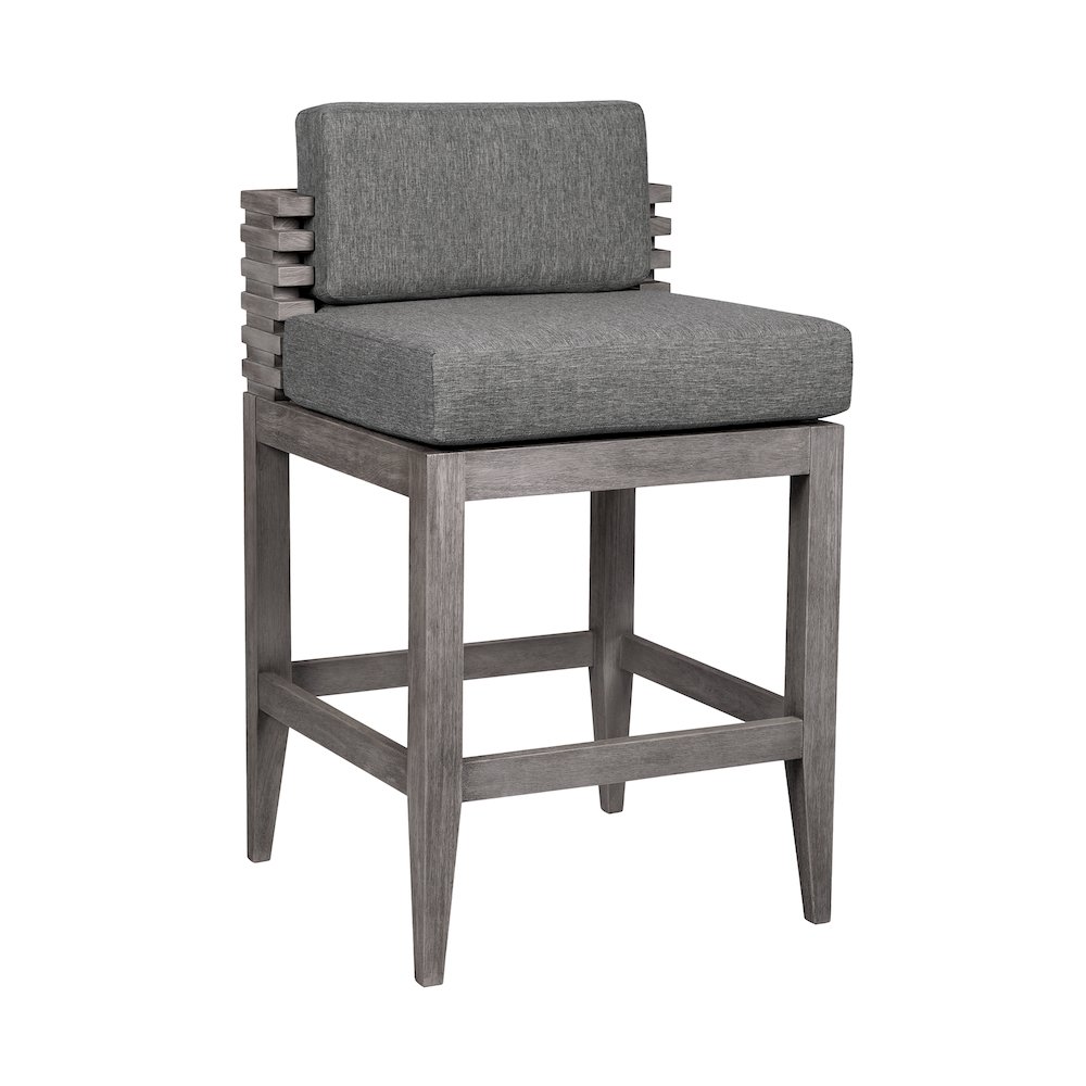 Outdoor Patio Counter Stool in Gray Eucalyptus Wood with Gray Olefin Cushions. Picture 1
