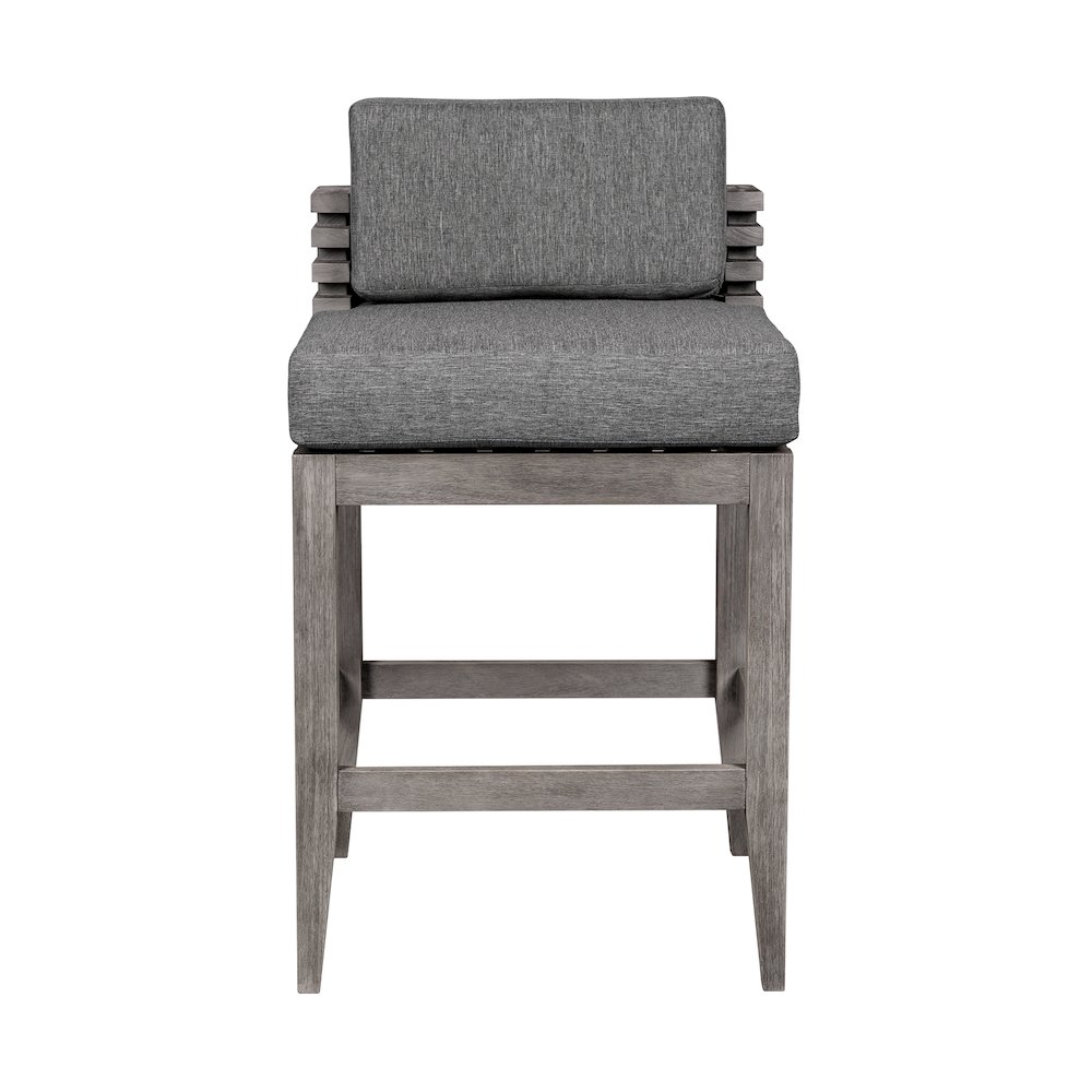 Outdoor Patio Counter Stool in Gray Eucalyptus Wood with Gray Olefin Cushions. Picture 2