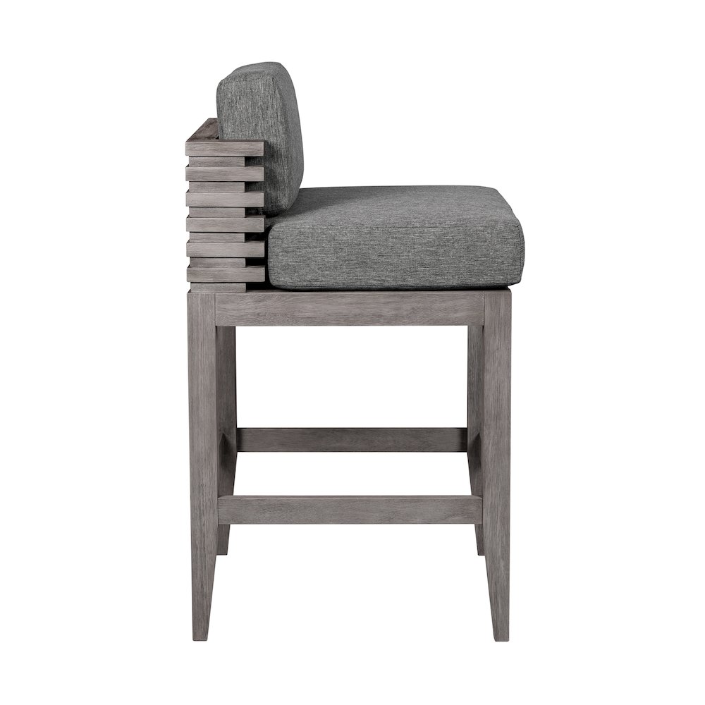 Outdoor Patio Counter Stool in Gray Eucalyptus Wood with Gray Olefin Cushions. Picture 3