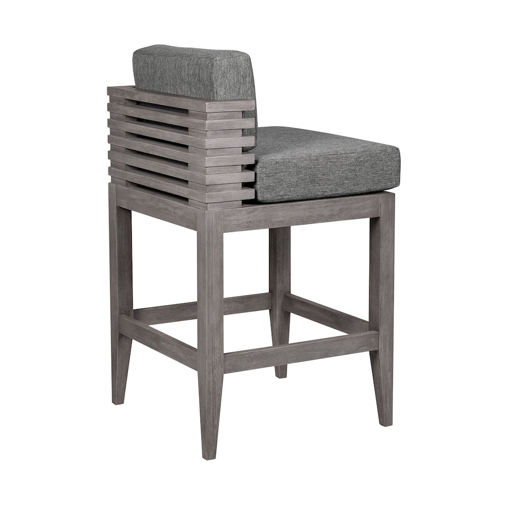 Outdoor Patio Counter Stool in Gray Eucalyptus Wood with Gray Olefin Cushions. Picture 4